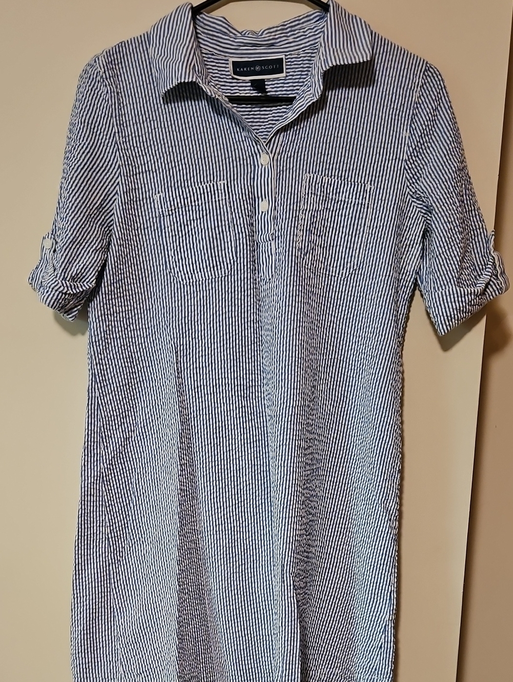 Karen Scott Navy and White Striped Short-Sleeve Shirt Dress